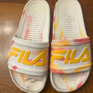 Fila White Slides with Yellow and Pink Accents